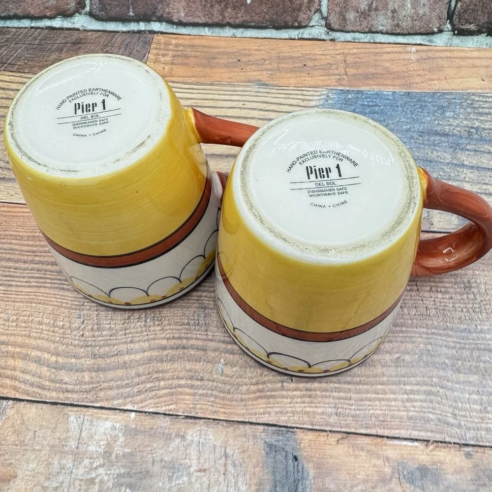 Pier 1 Del Sol 16 oz Coffee Tea Mugs Hand Painted Earthenware Retired Lot of 2